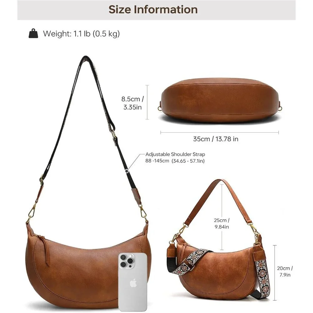 Chic Women’s Crescent Hobo Bag - Spacious Vegan Leather with Zipper Closure